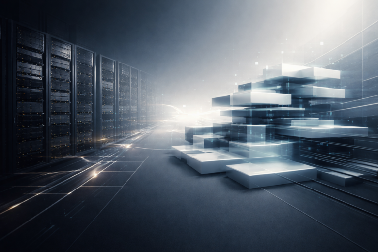 Editorial-style illustration showing the evolution of hosting infrastructure, with dark physical server racks on the left transitioning into bright layered modular forms on the right, symbolizing the shift from owned servers to flexible cloud capacity.