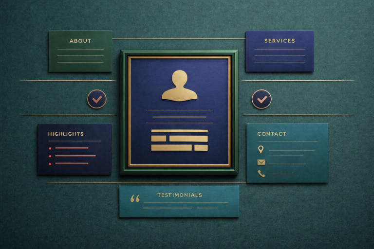 Elegant editorial-style illustration of a company profile layout with a central framed identity plaque in deep blue and gold, surrounded by neatly arranged sections for About, Services, Highlights, Contact, and Testimonials. The composition is symmetrical and minimal, set against a textured teal background with fine connecting lines and subtle red accents, conveying clarity, structure, and business credibility.