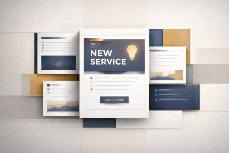 Editorial-style illustration of a central new service announcement panel surrounded by structured content blocks on a light neutral geometric background, using navy, muted gold, and soft gray tones to suggest a formal business launch.