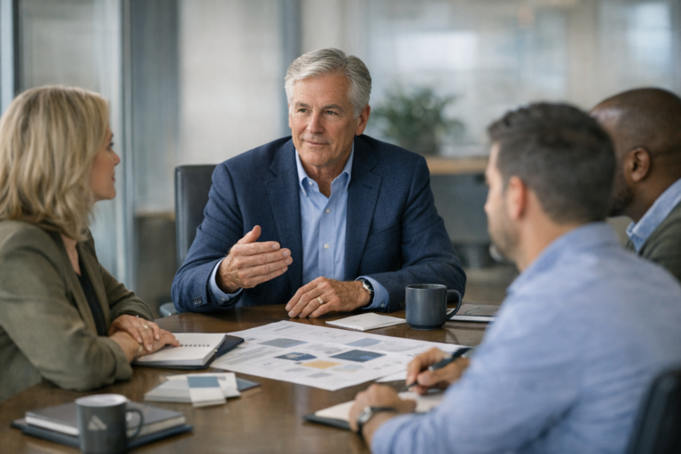 Senior marketing advisor meeting with a business leadership team in a conference room