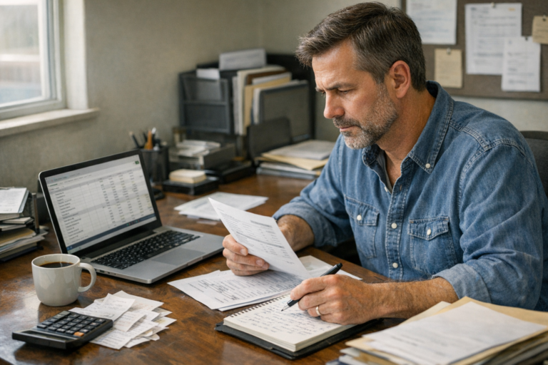 Small business owner reviewing budget documents and a laptop spreadsheet at a desk
