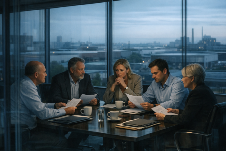 Business executives in a conference room at dawn discussing reports against a muted city skyline