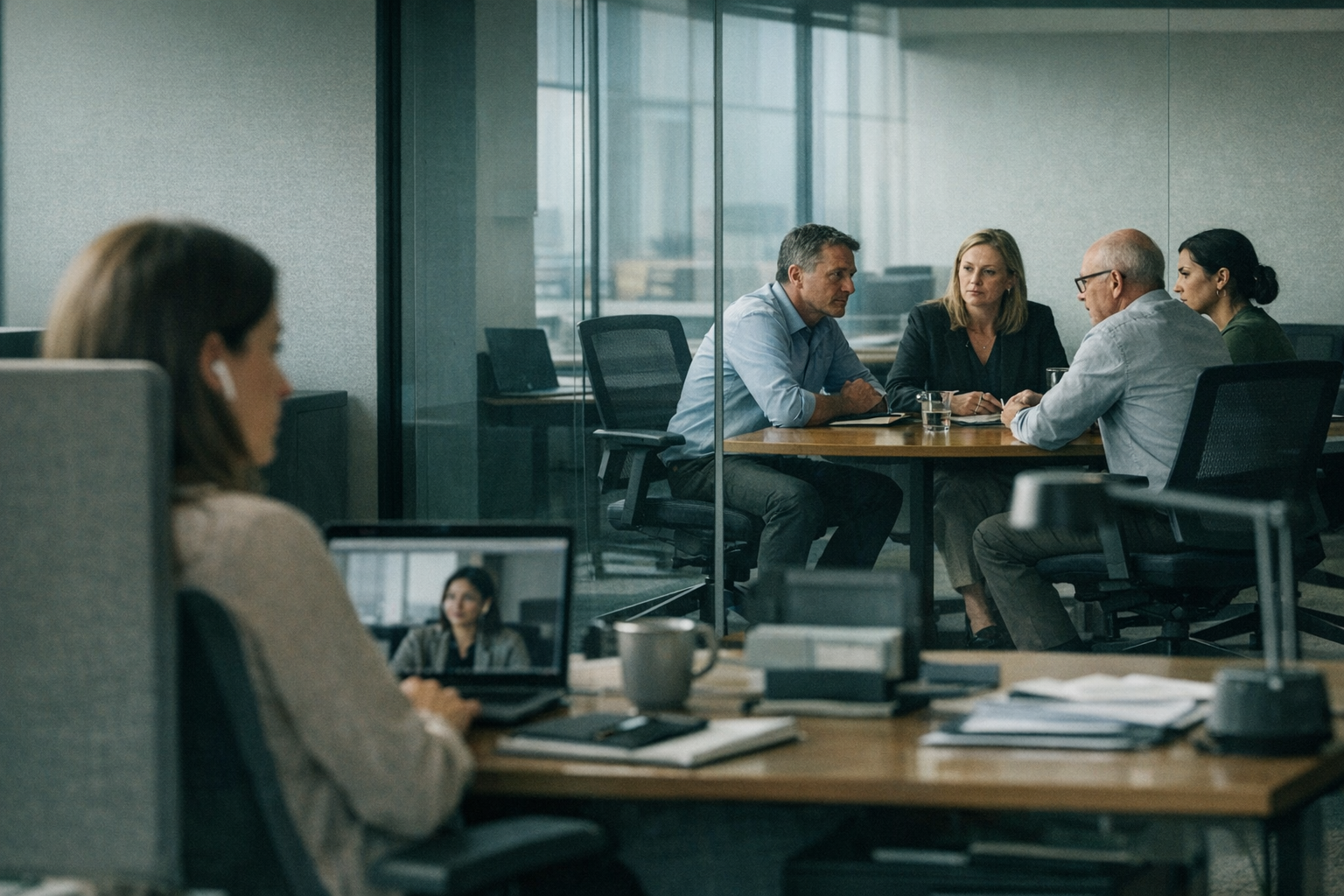 Modern office with a small in-person meeting and partially occupied desks, illustrating the hybrid work debate.