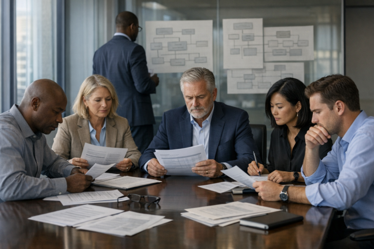 HR and business leaders reviewing compensation and hiring documents in a conference room