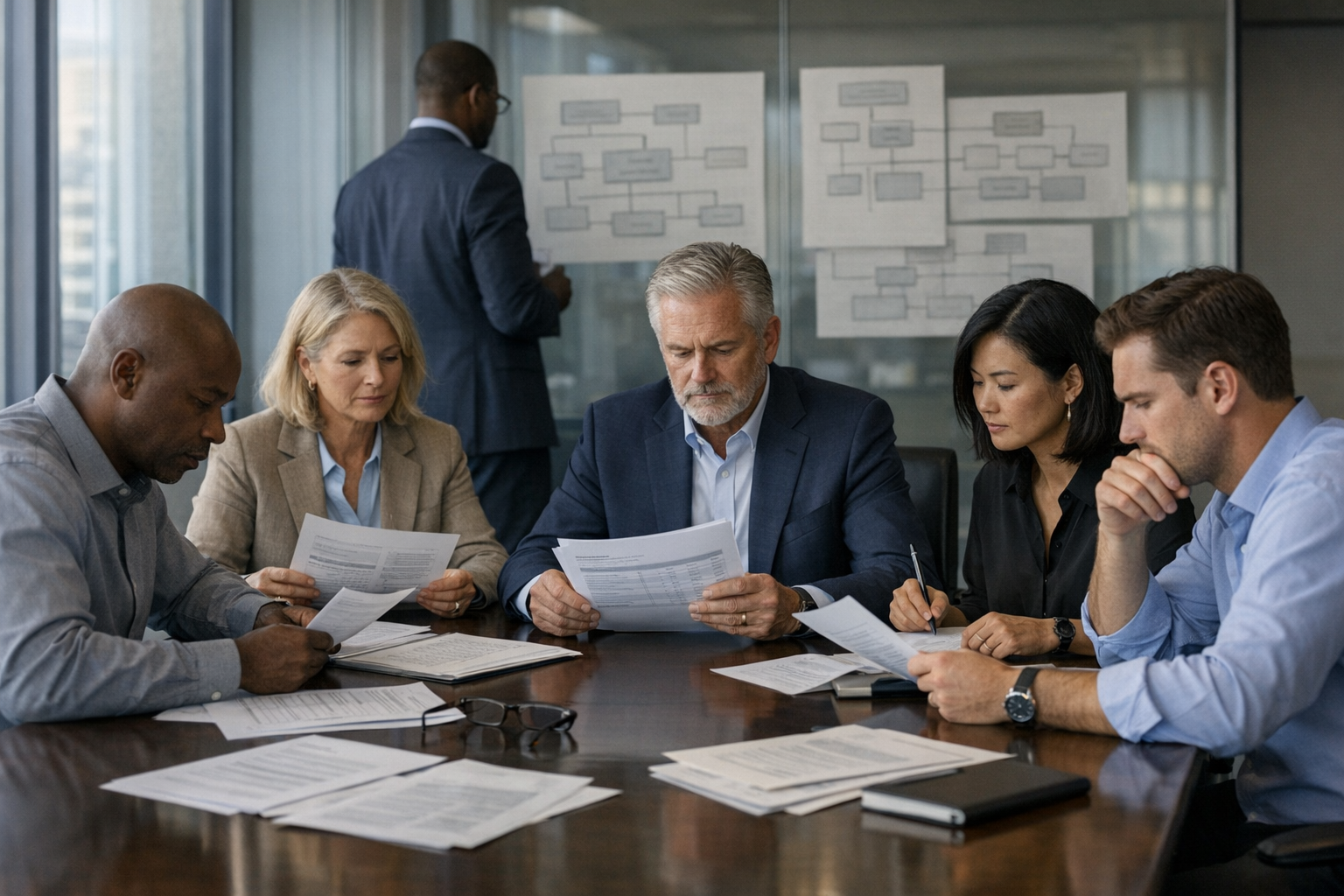 HR and business leaders reviewing compensation and hiring documents in a conference room
