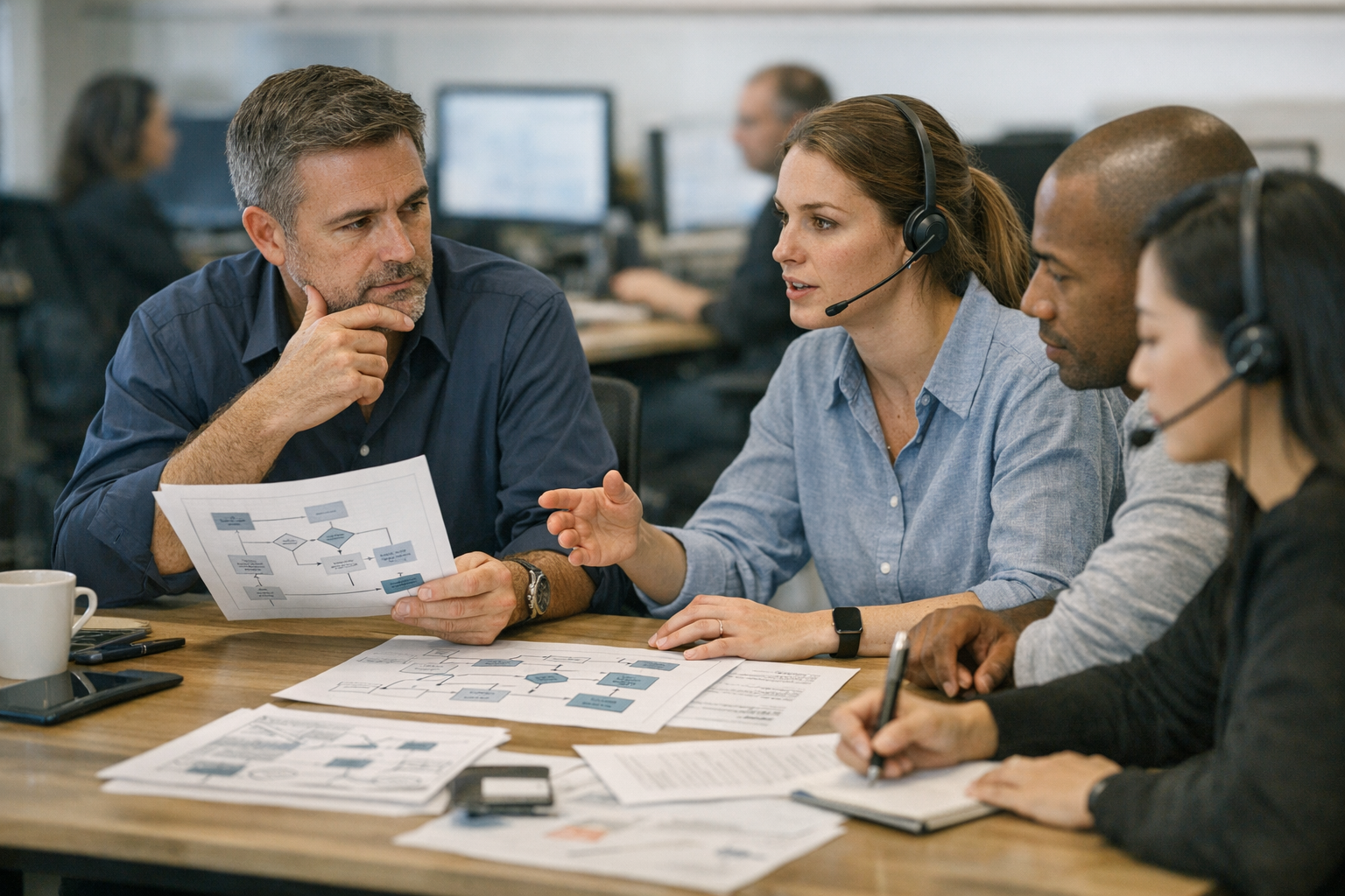 Customer support managers reviewing chatbot service workflows in a modern office
