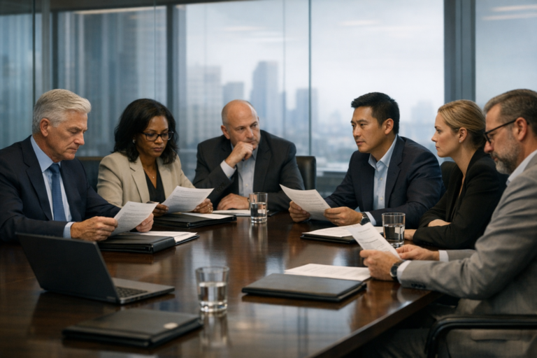 Corporate executives in a boardroom discussing data privacy governance