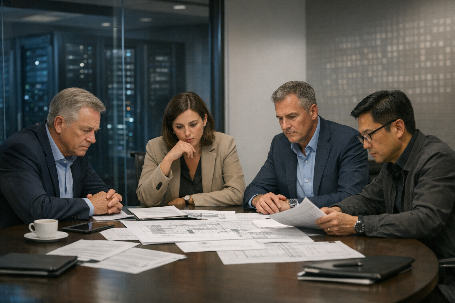 Executives in a conference room reviewing plans for a generative AI project with a cautious, evaluative mood