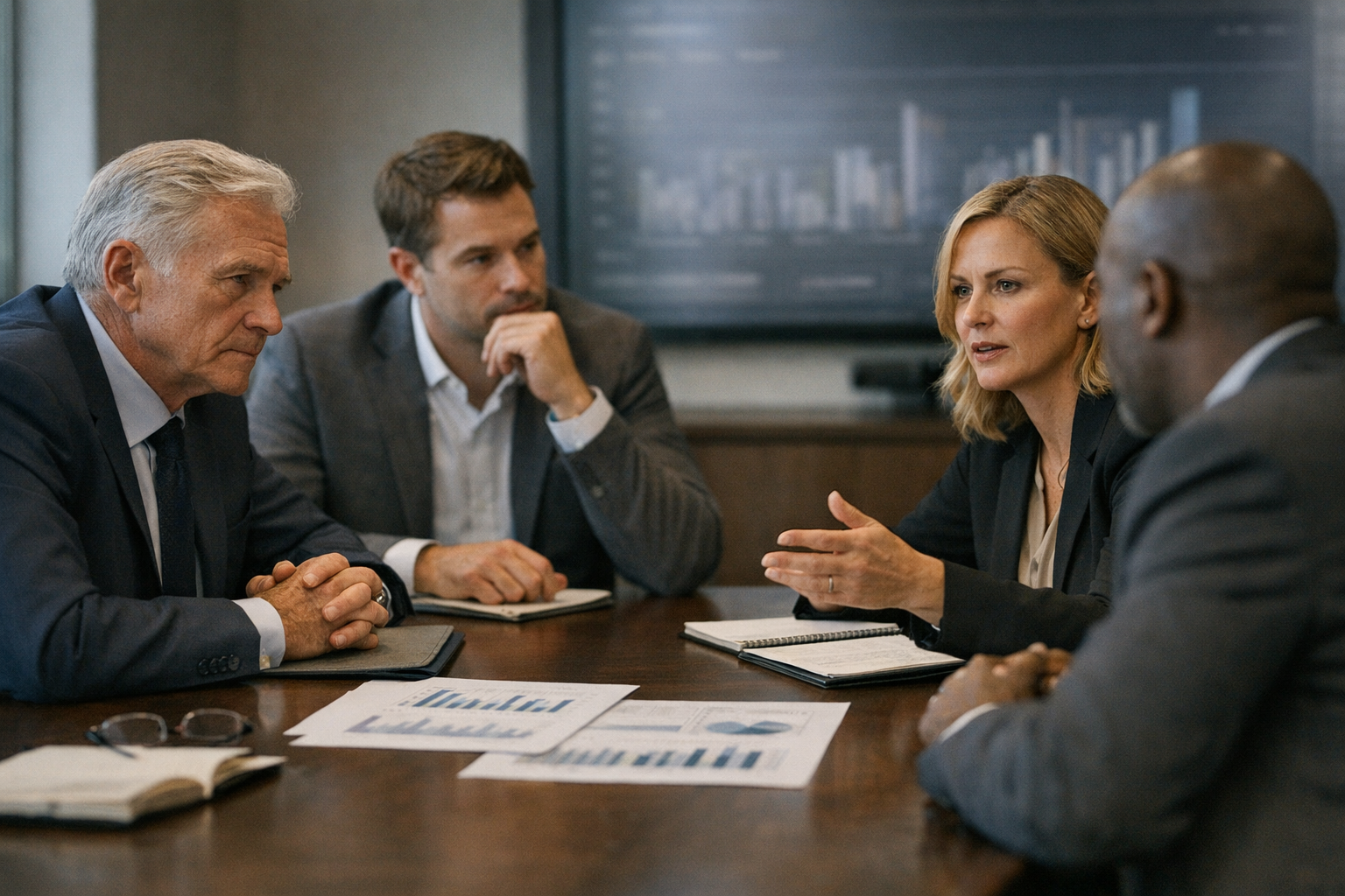Business leaders reviewing printed analytics reports in a conference room during a strategy meeting