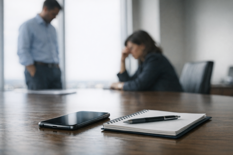 Smartphone on a conference table after a tense workplace meeting in an office