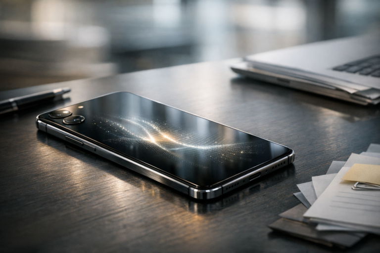 Modern smartphone on a desk with subtle visual cues suggesting local AI processing in a professional office setting