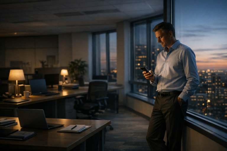 Modern office at dusk with a business leader quietly reflecting beside a window as workspaces sit mostly empty.