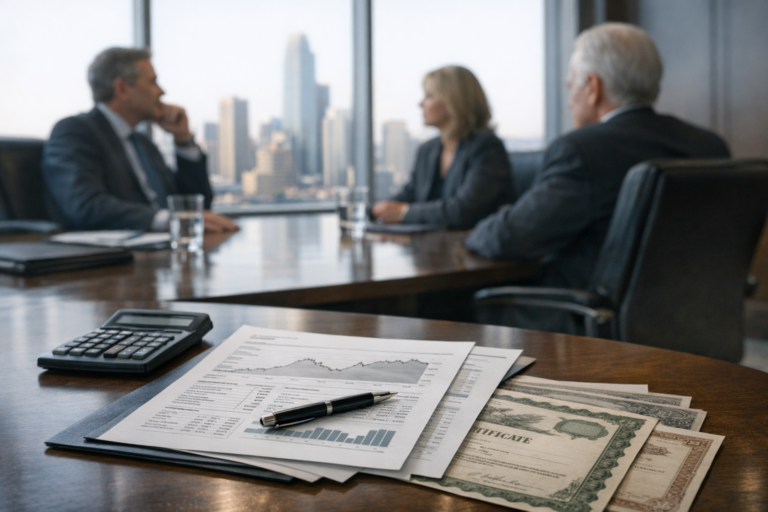 Corporate boardroom table with financial reports and city skyline, illustrating stock buyback decisions