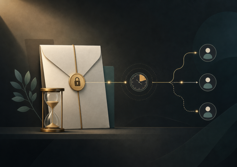 A sealed envelope with a lock, an hourglass, and connected recipient icons representing a digital dead man’s switch.