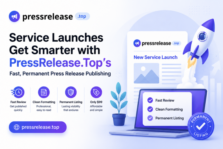 PressRelease.Top branded banner showing fast review, clean formatting, permanent listing, and $99 press release publishing.