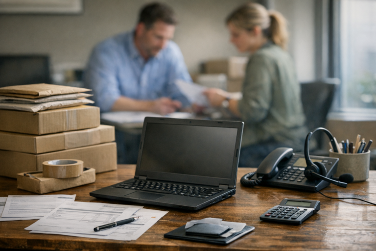 Small business workspace with laptop, office supplies, shipping materials, and expense documents
