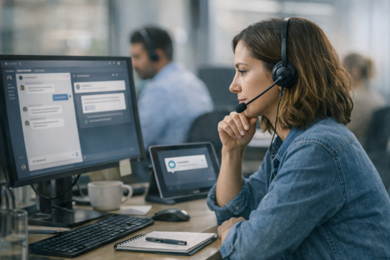 Business professional reviewing customer support workflow with automated chat assistance in a modern office