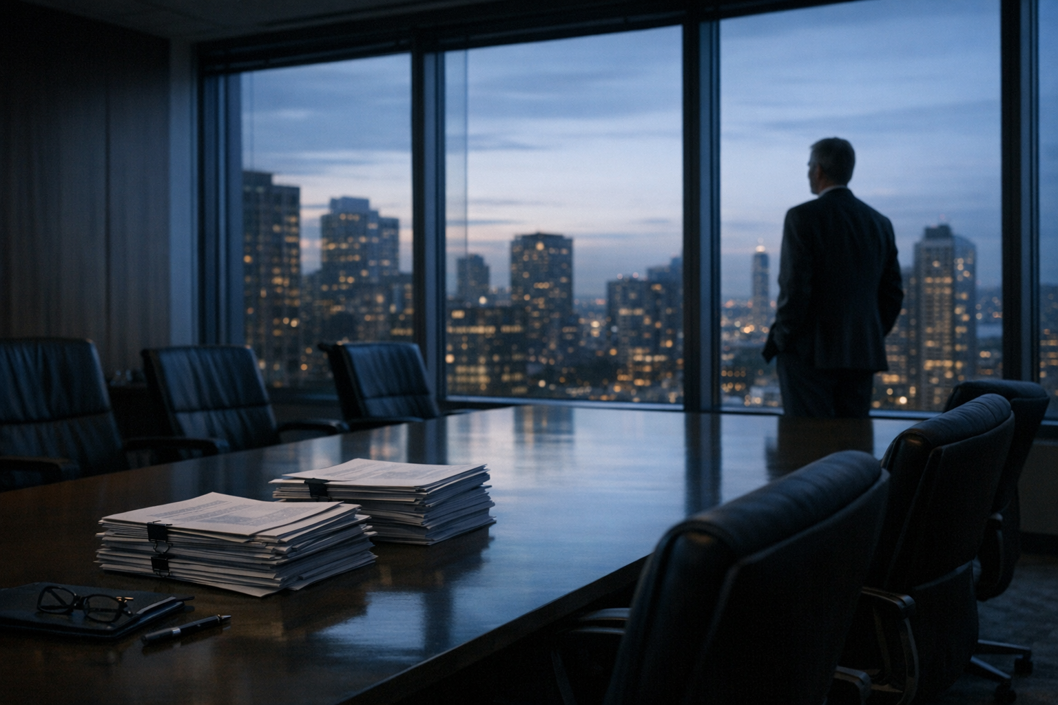 Executive in a modern boardroom looking over a city skyline beside cost-cutting documents and empty chairs