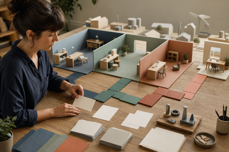 Professional arranges blank role cards, work models and colored pathway tiles between several neutral industry settings.