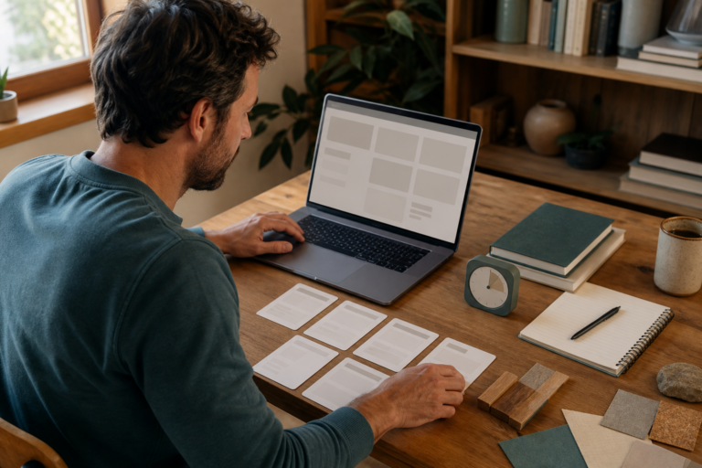 Adult learner arranging a calm weekly study plan with a laptop, notebook, practice cards, timer and completed project pieces