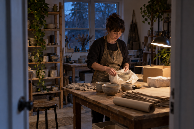 A craftsperson wraps a ceramic bowl in a pottery studio lit by a task lamp at dusk.