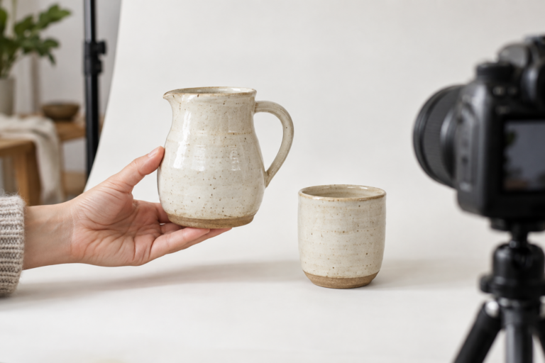 A hand holds a ceramic jug beside a cup during a studio product photography session.