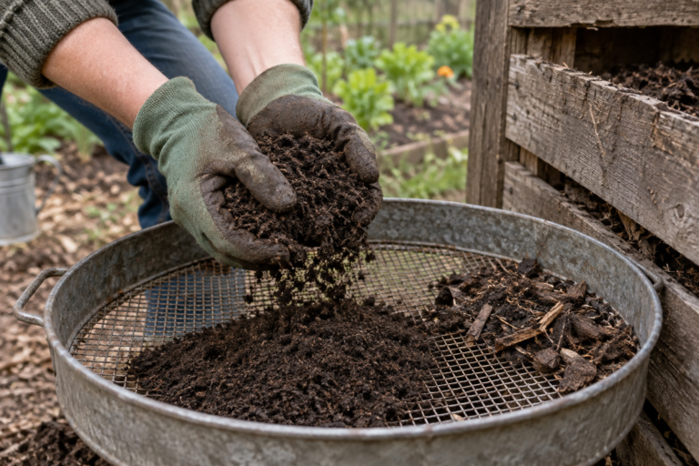 Gloved hands crumble compost over a garden sieve beside a weathered wooden compost bin.