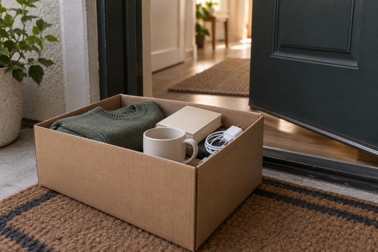 A cardboard box containing a folded sweater, plain book, mug and charger sits at an apartment doorway.