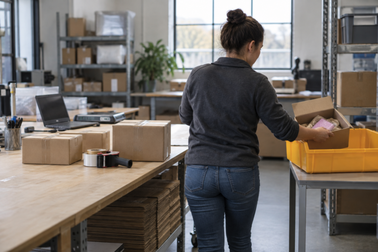 A workshop employee moves an open parcel into an amber review tray beside a packing bench.