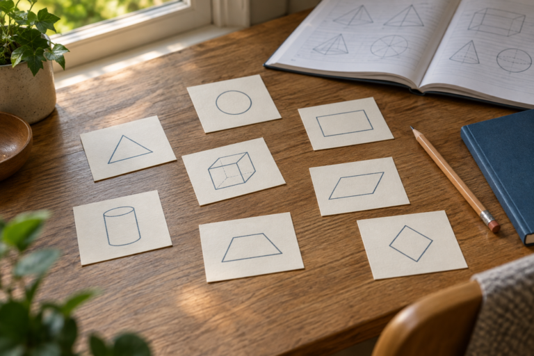Geometric study cards arranged on a wooden desk beside a pencil, blue notebook, and open workbook.
